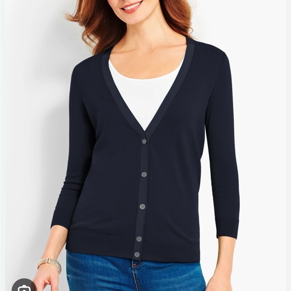 Talbots NWT Navy Blue Cotton & Cashmere Cuffed 3/4 Sleeve Cardigan Sz 2X - Picture 1 of 11